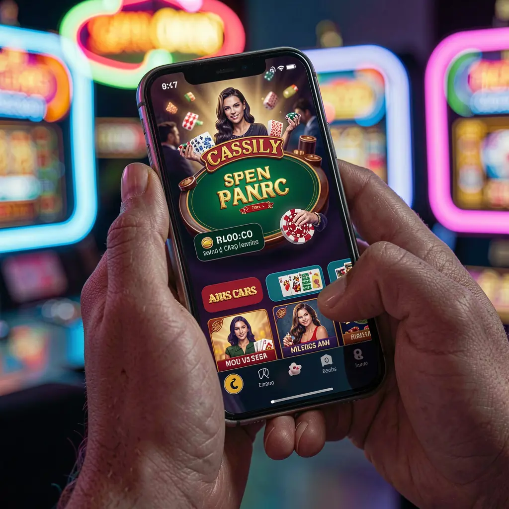 COMBOWIN App – Enjoy fast and exciting casino gameplay anytime in the Philippines Hands playing colorful slot games on the COMBOWIN casino app with bright neon visuals on a smartphone in a lively casino style setting