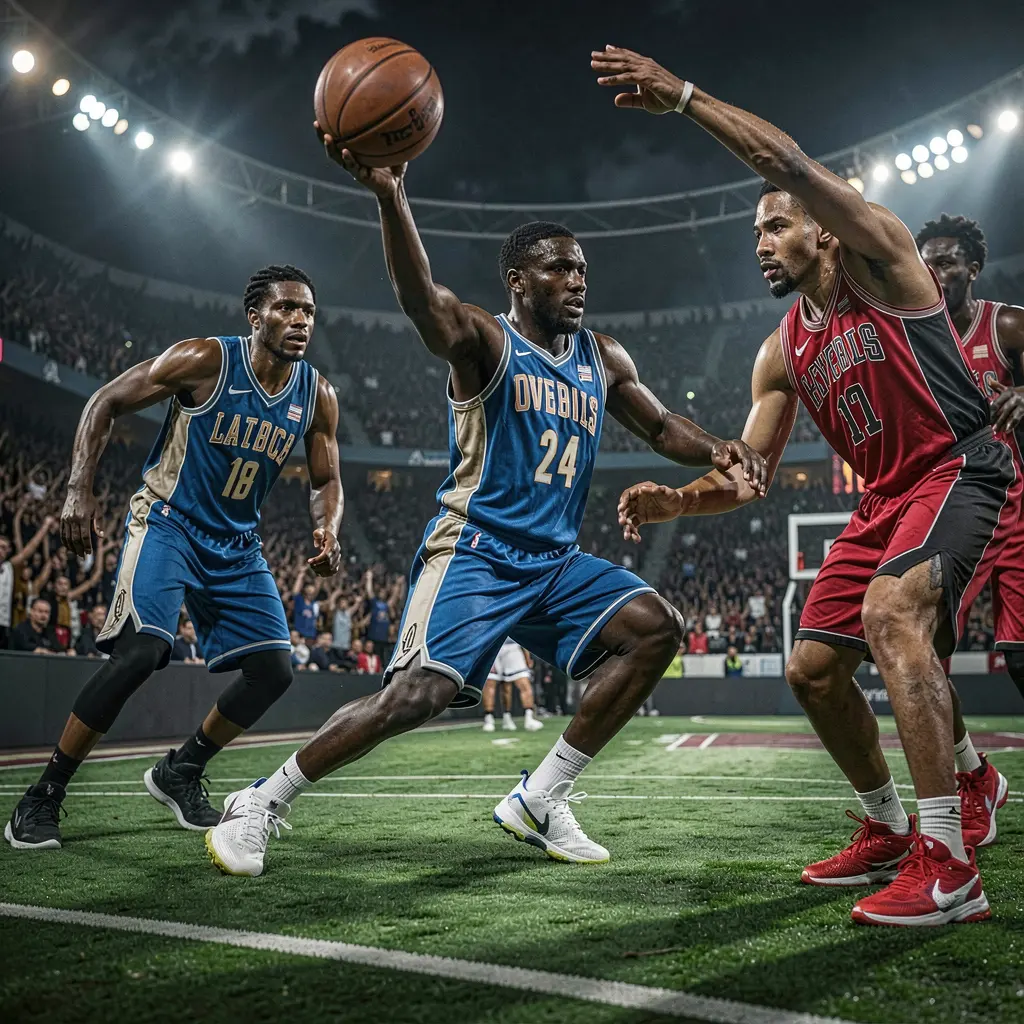 Intense basketball moment with a player driving to the basket under pressure on a green court showcasing live sports betting action with COMBOWIN in the Philippines