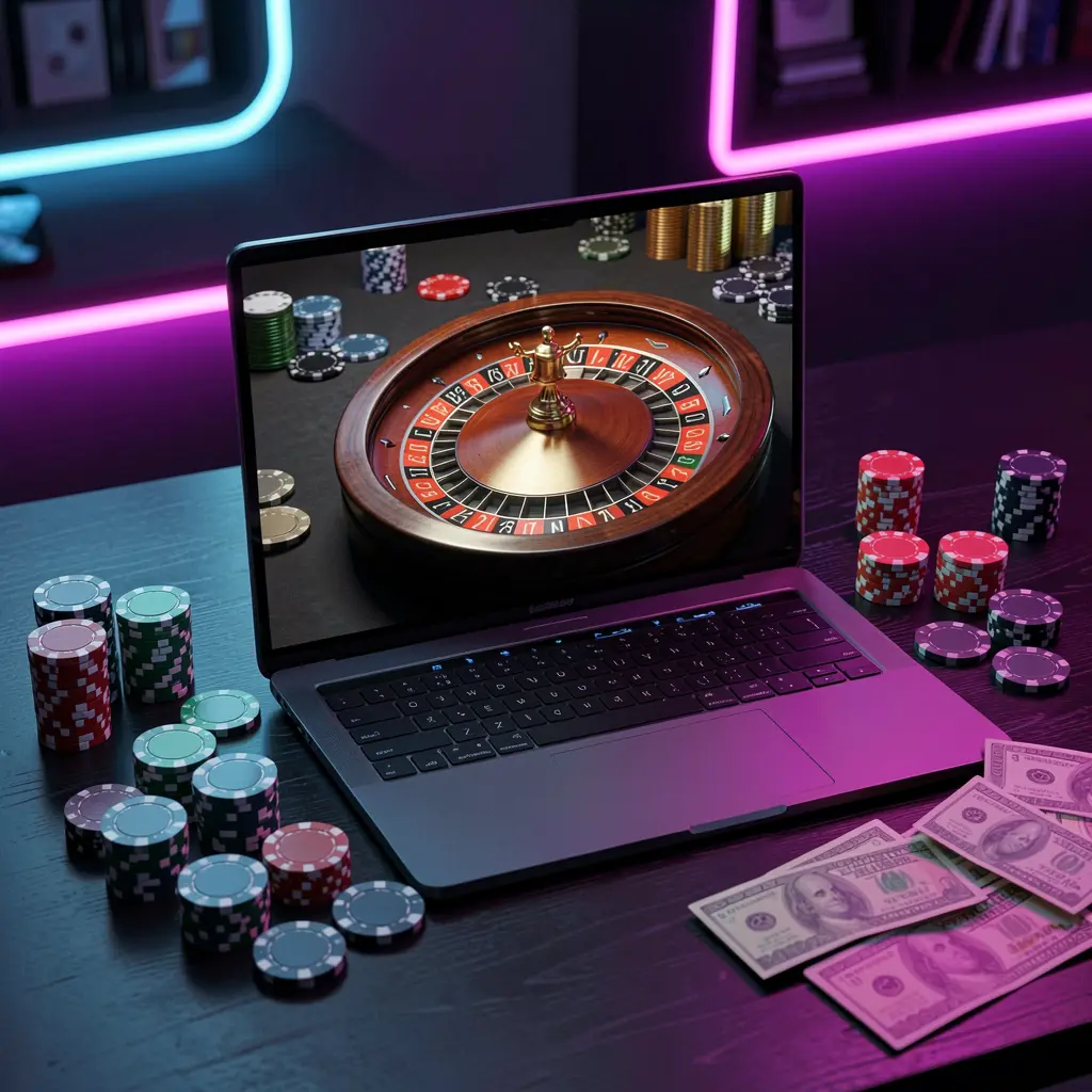 COMBOWIN – Experience immersive online roulette action for players in the Philippines Stylish online roulette gameplay on a laptop surrounded by poker chips and scattered cash with vibrant neon colors reflecting the immersive COMBOWIN casino experience for players in the Philippines