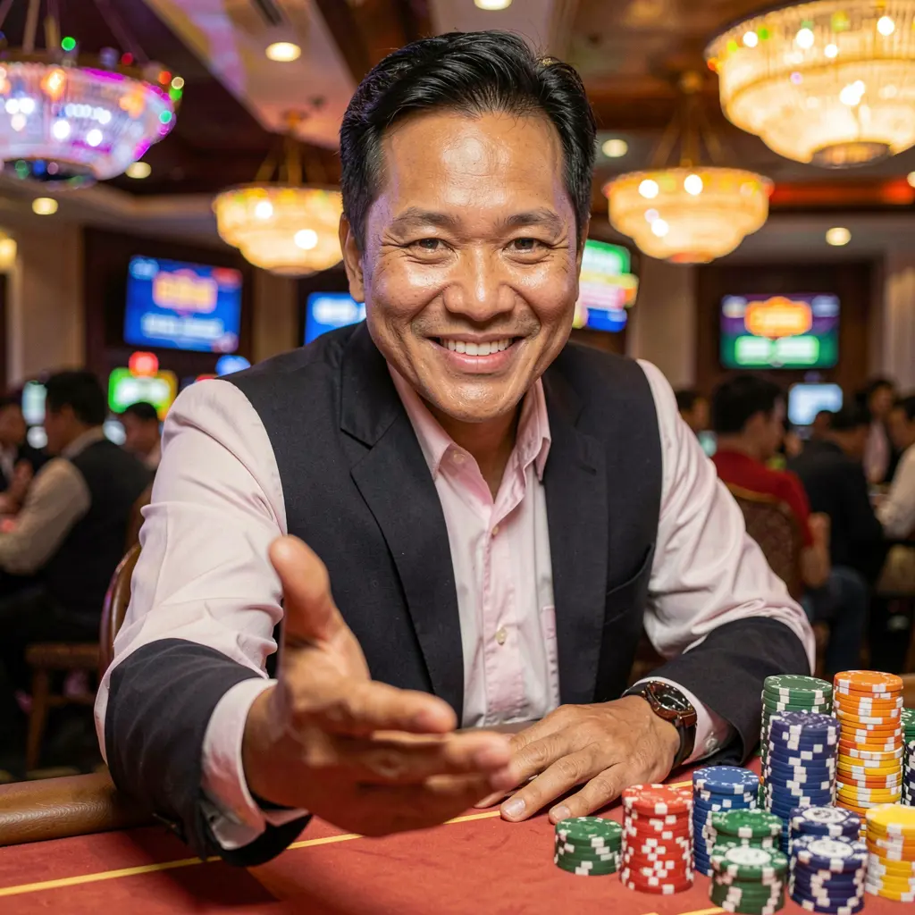 Elegant casino dealer from the Philippines reaching forward with floating poker chips symbolizing trusted access to COMBOWIN