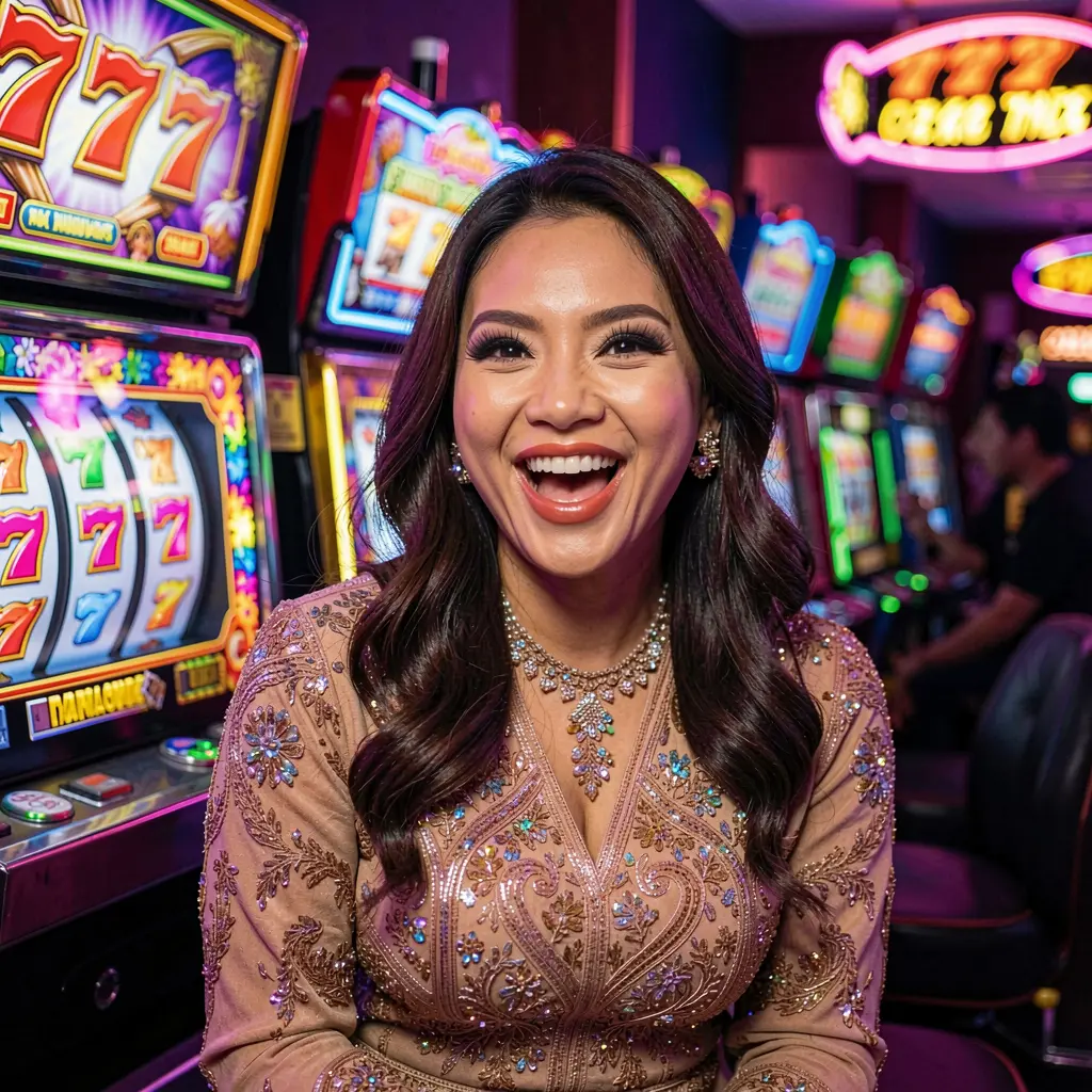 Excited woman enjoying colorful slot machines with glowing 777 symbols in a vibrant casino atmosphere at COMBOWIN in the Philippines